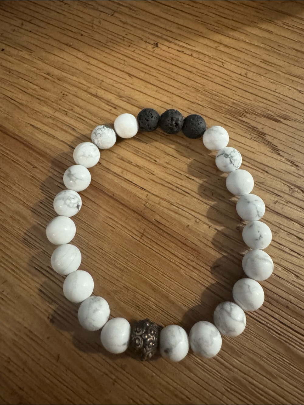 White Howlite Bead Stretch Bracelet with Black Lava Accents (for essential oils)